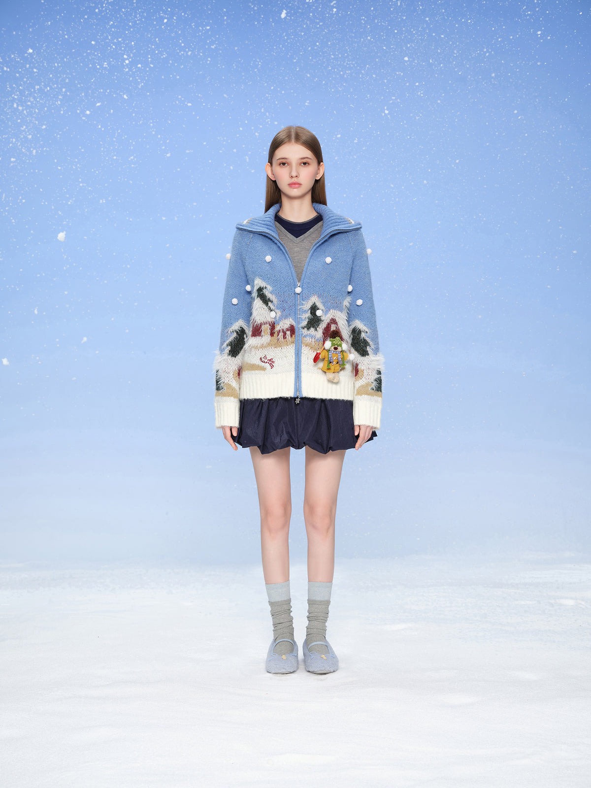13DE MARZO Snow Bear Jacquard Zip Knit Coat Blue