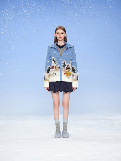 13DE MARZO Snow Bear Jacquard Zip Knit Coat Blue