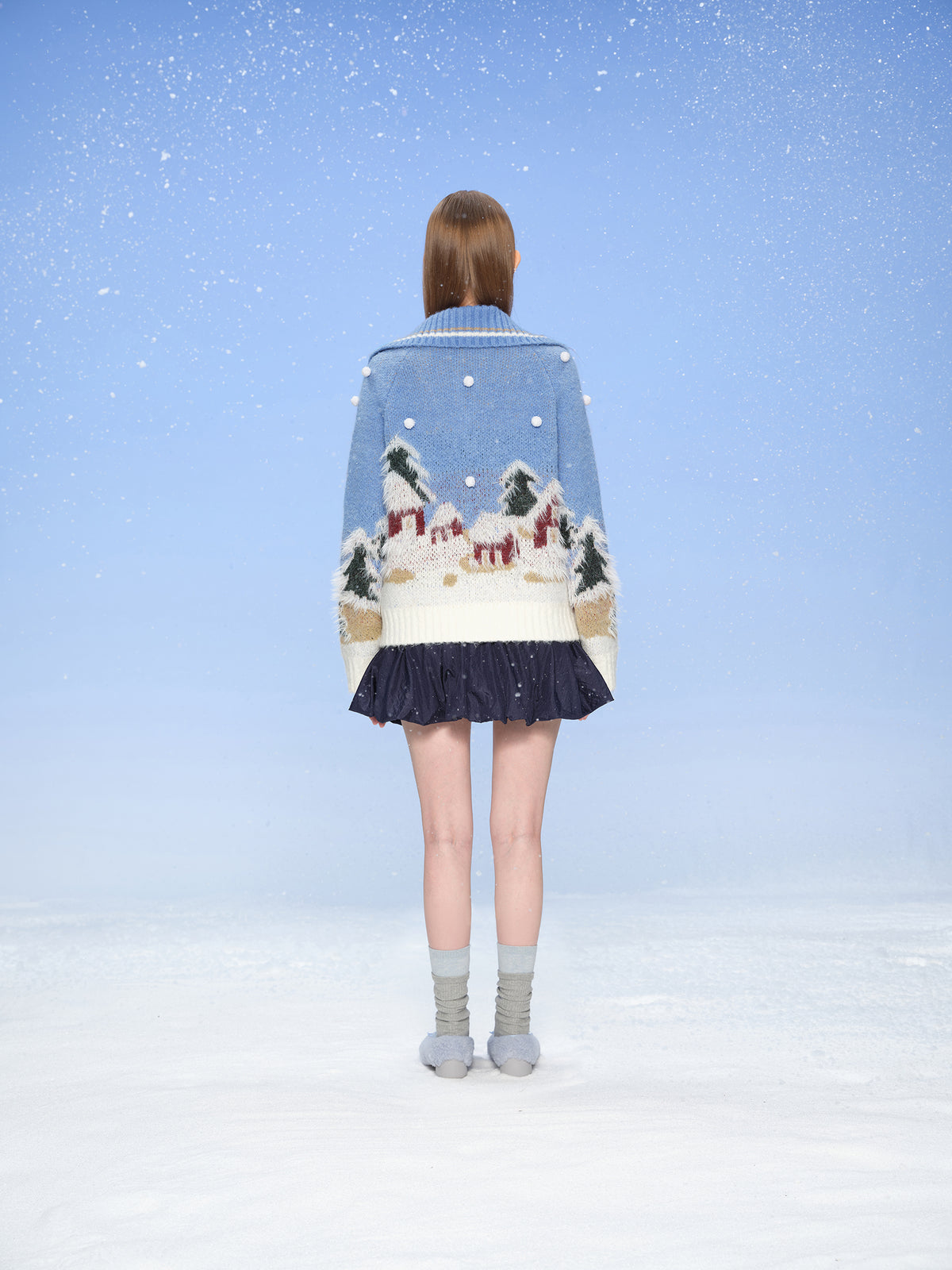 13DE MARZO Snow Bear Jacquard Zip Knit Coat Blue