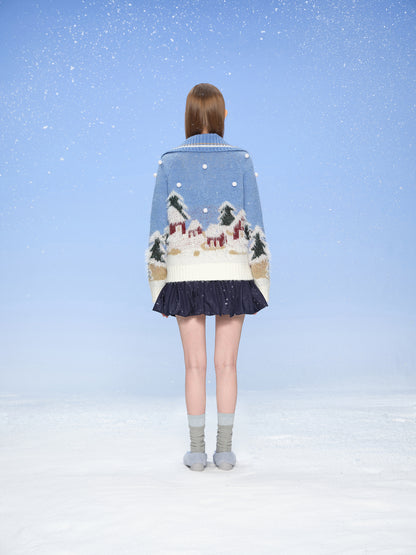13DE MARZO Snow Bear Jacquard Zip Knit Coat Blue