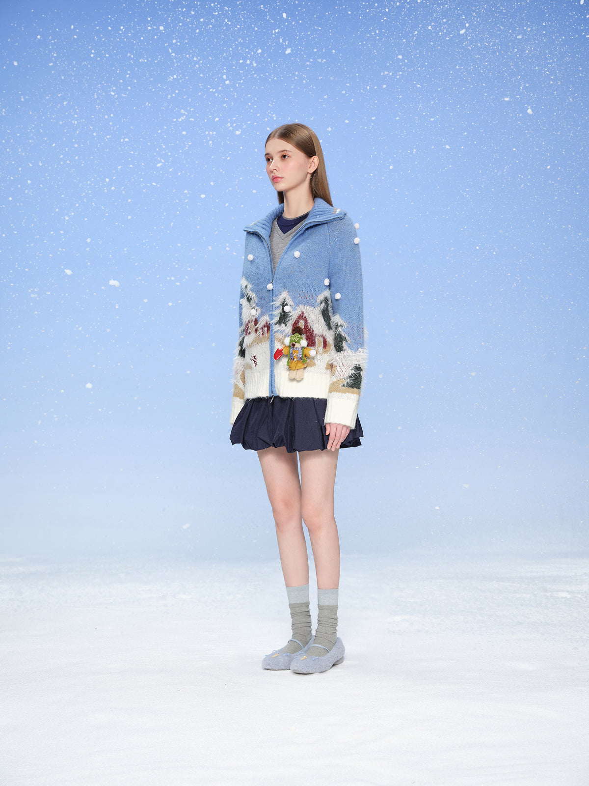 13DE MARZO Snow Bear Jacquard Zip Knit Coat Blue