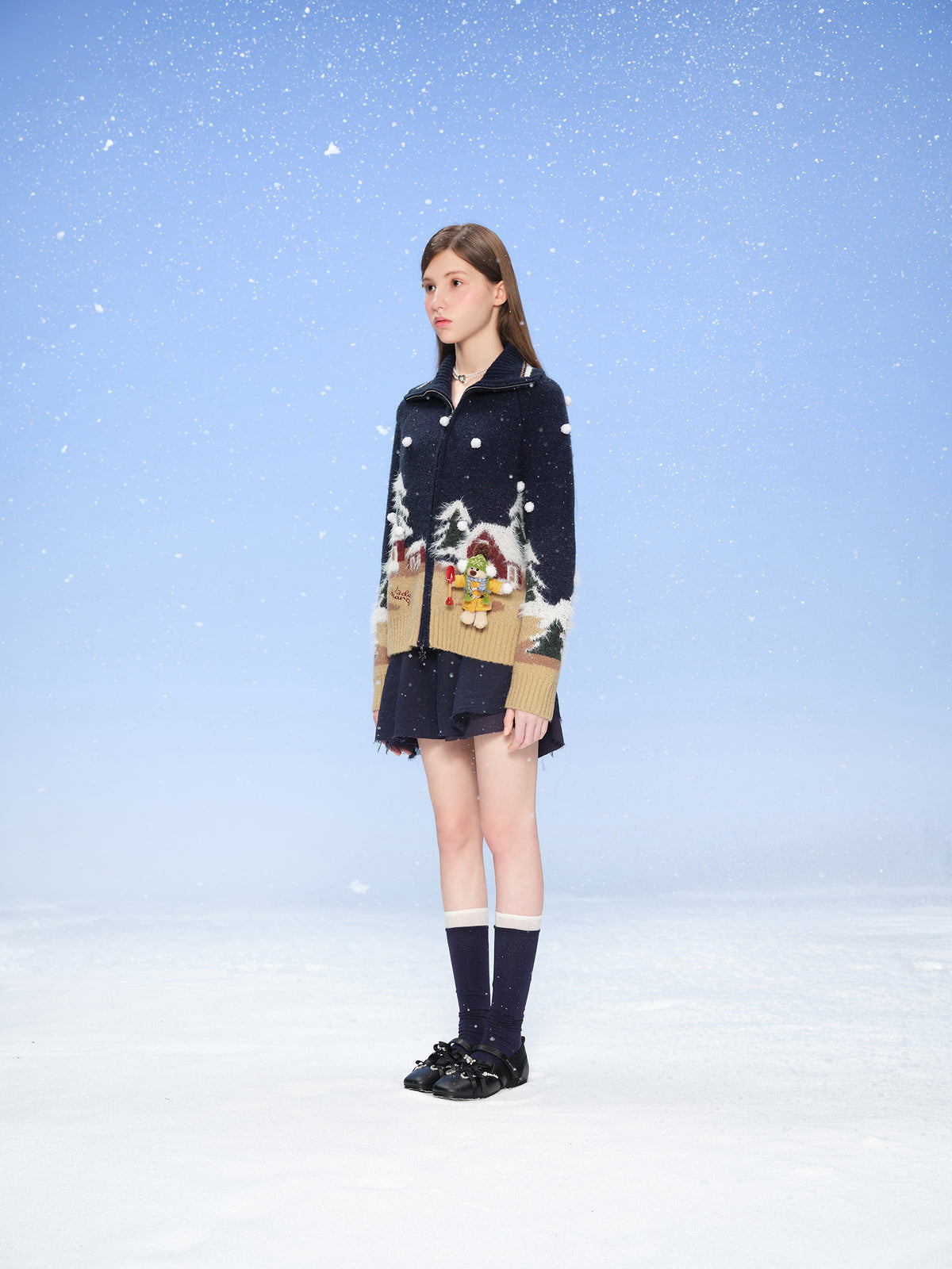 13DE MARZO Snow Bear Jacquard Zip Knit Coat Navy Blue