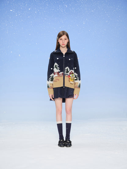 13DE MARZO Snow Bear Jacquard Zip Knit Coat Navy Blue