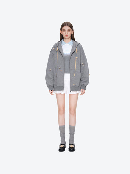 13DE MARZO All-Over Flocked Bear Zipper Hoodie Grey