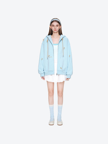 13DE MARZO All-Over Flocked Bear Zipper Hoodie Blue
