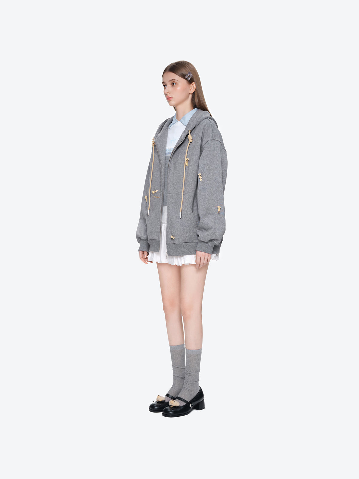 13DE MARZO All-Over Flocked Bear Zipper Hoodie Grey