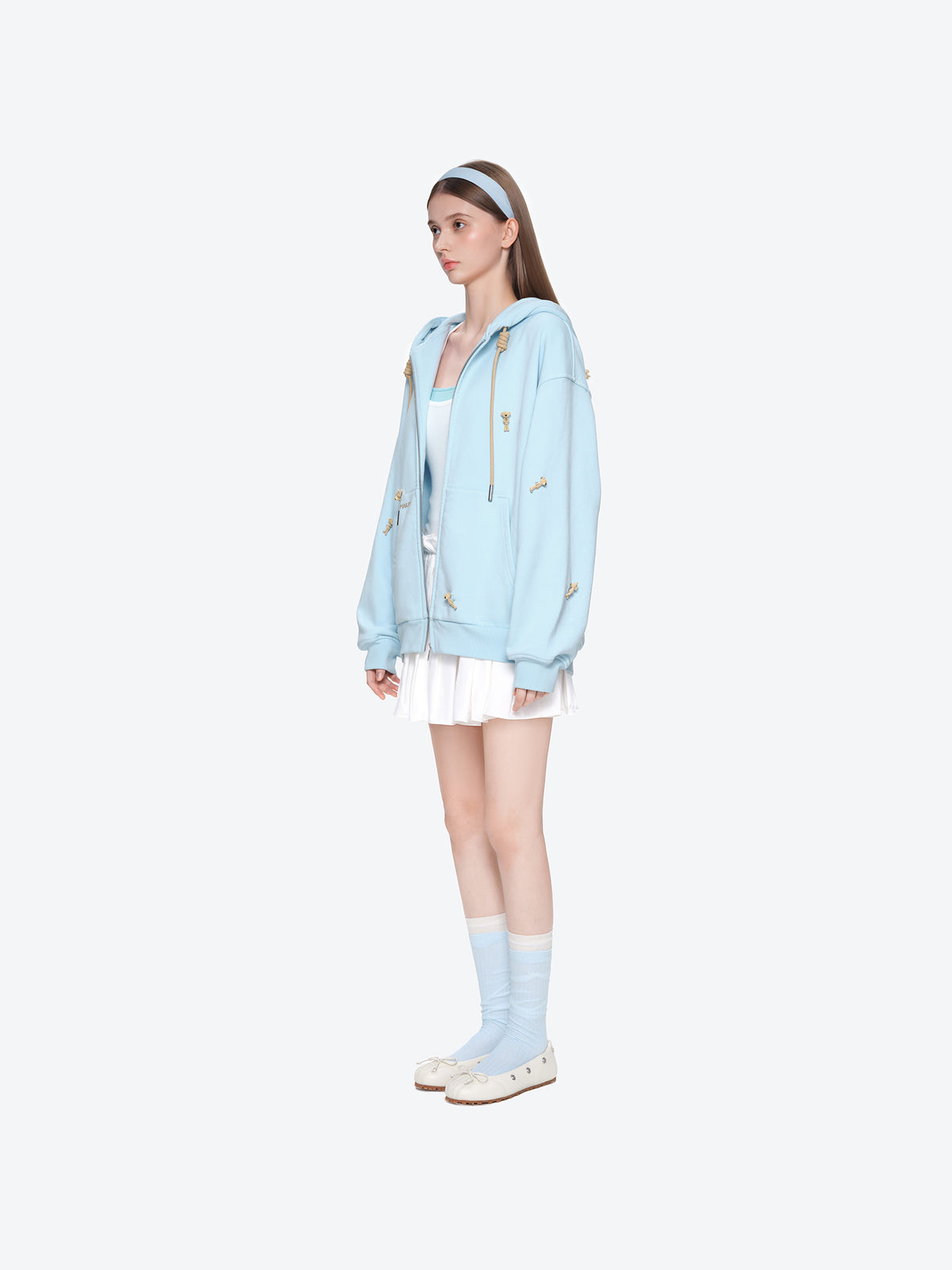 13DE MARZO All-Over Flocked Bear Zipper Hoodie Blue