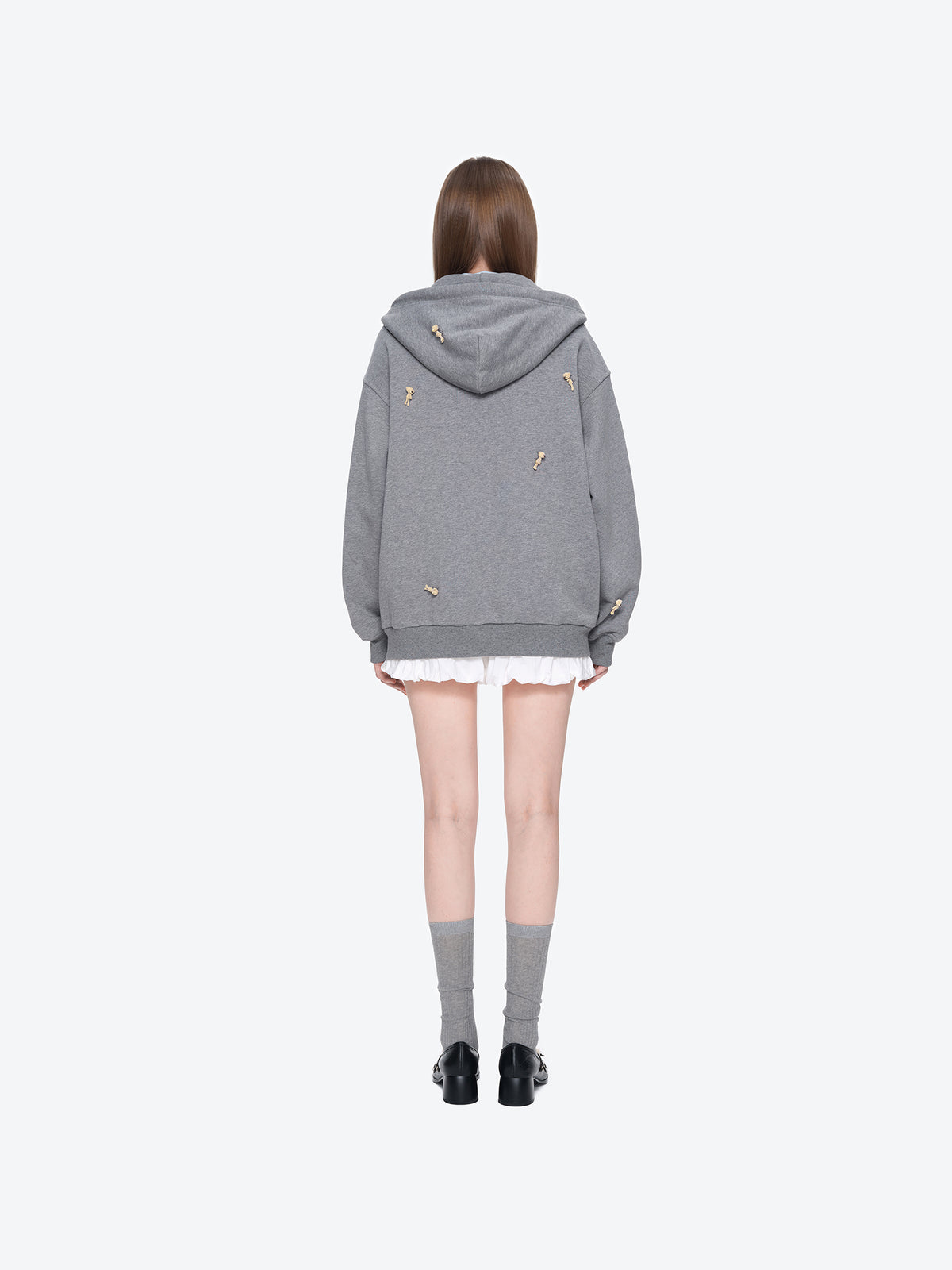 13DE MARZO All-Over Flocked Bear Zipper Hoodie Grey
