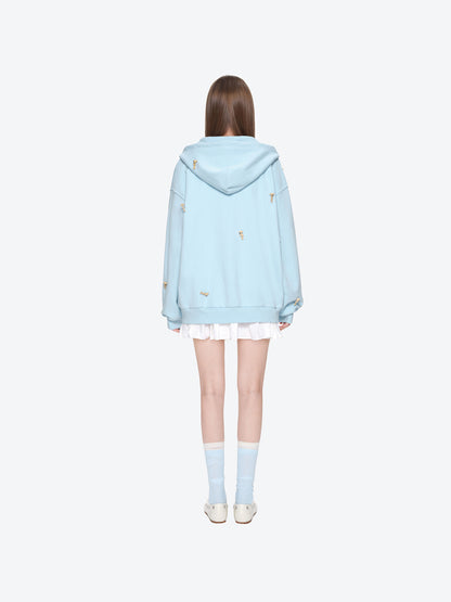 13DE MARZO All-Over Flocked Bear Zipper Hoodie Blue