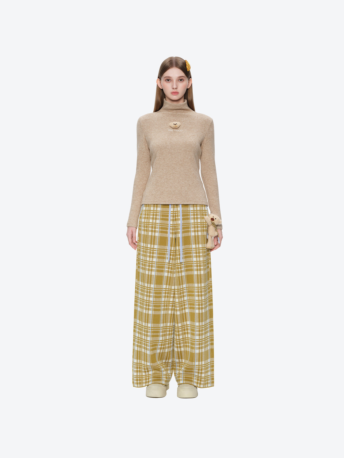 13DE MARZO Knit Jacquard Plaid Pants Yellow
