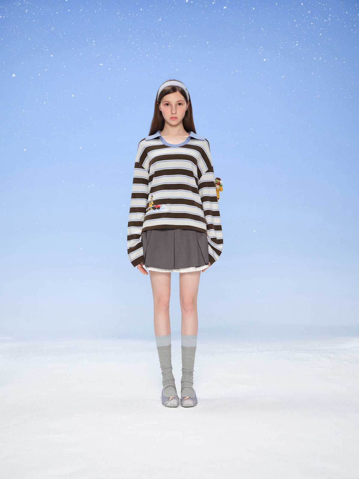 13DE MARZO Snow Bear Polo Stripe Knit Top Brown