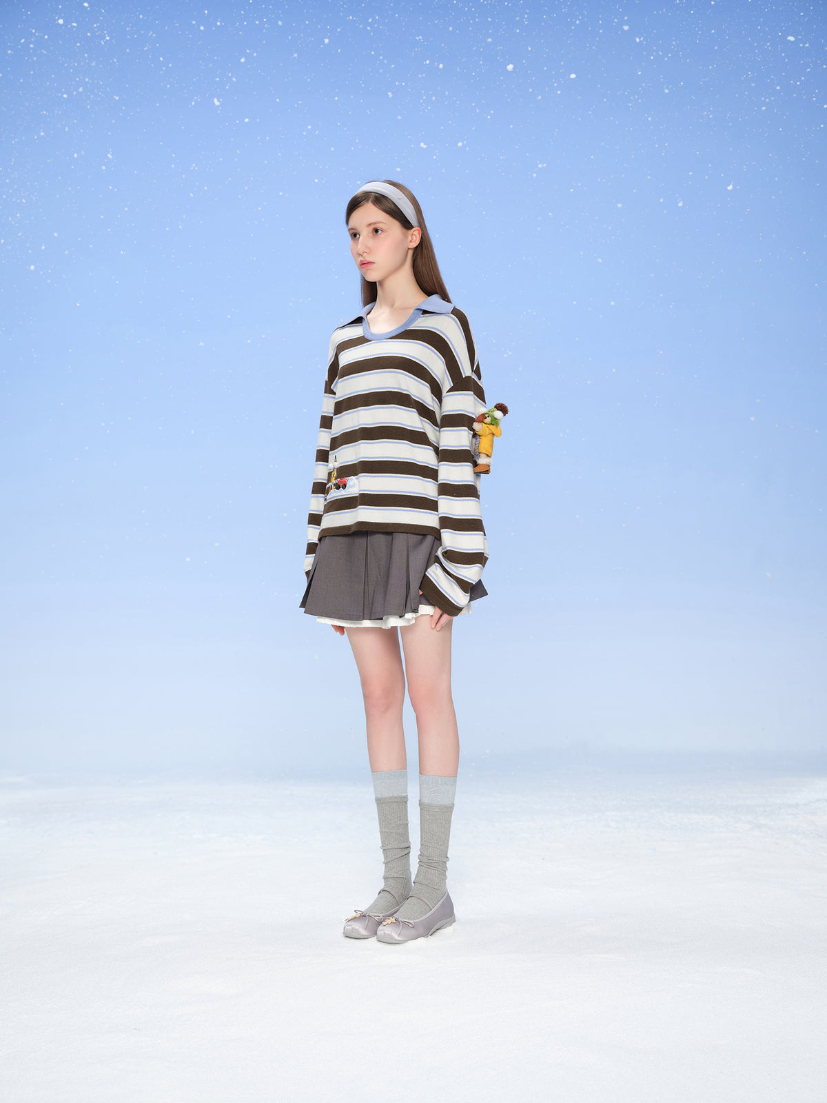 13DE MARZO Snow Bear Polo Stripe Knit Top Brown