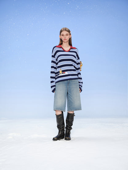 13DE MARZO Snow Bear Polo Stripe Knit Top Blue