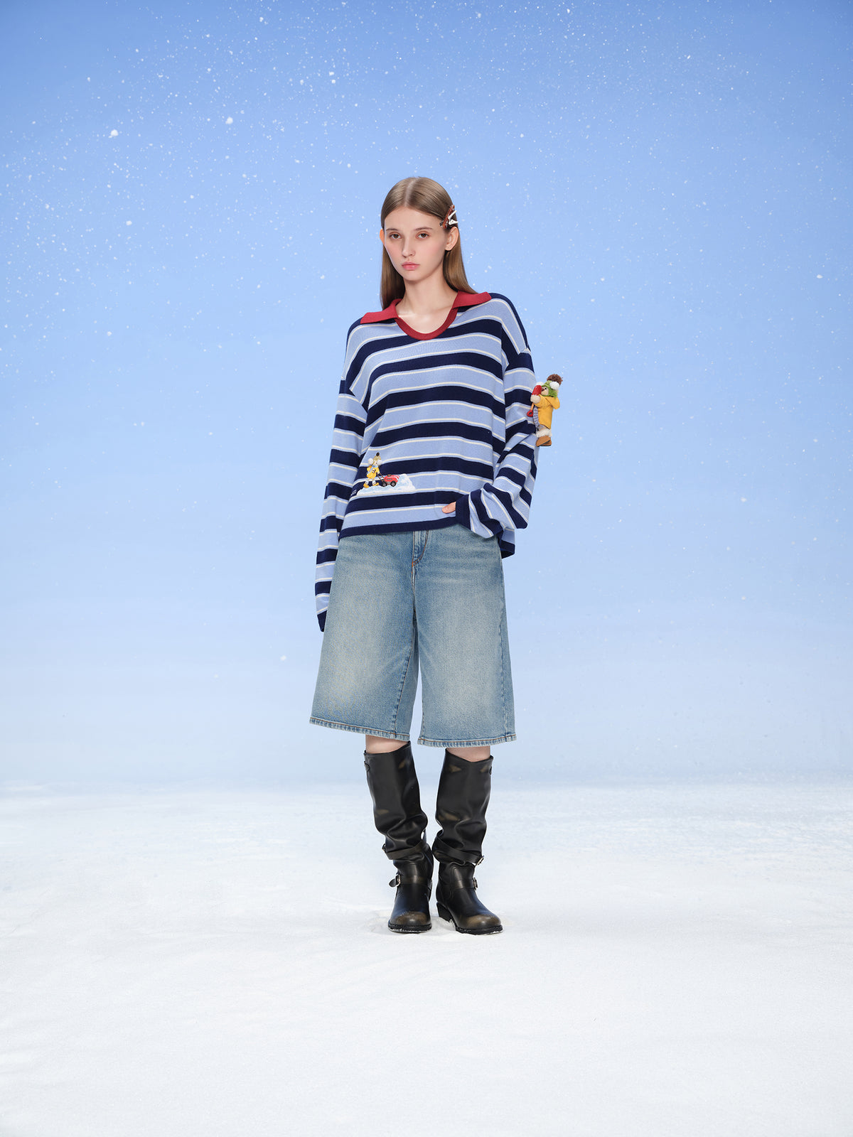 13DE MARZO Snow Bear Polo Stripe Knit Top Blue