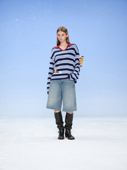 13DE MARZO Snow Bear Polo Stripe Knit Top Blue