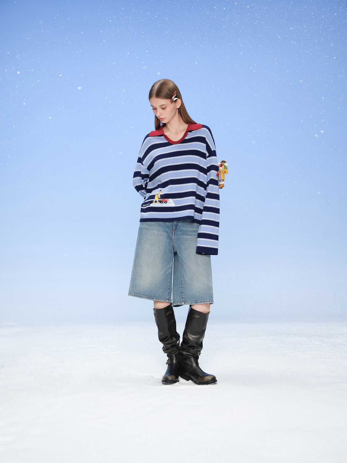 13DE MARZO Snow Bear Polo Stripe Knit Top Blue