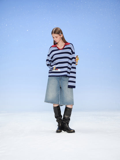 13DE MARZO Snow Bear Polo Stripe Knit Top Blue