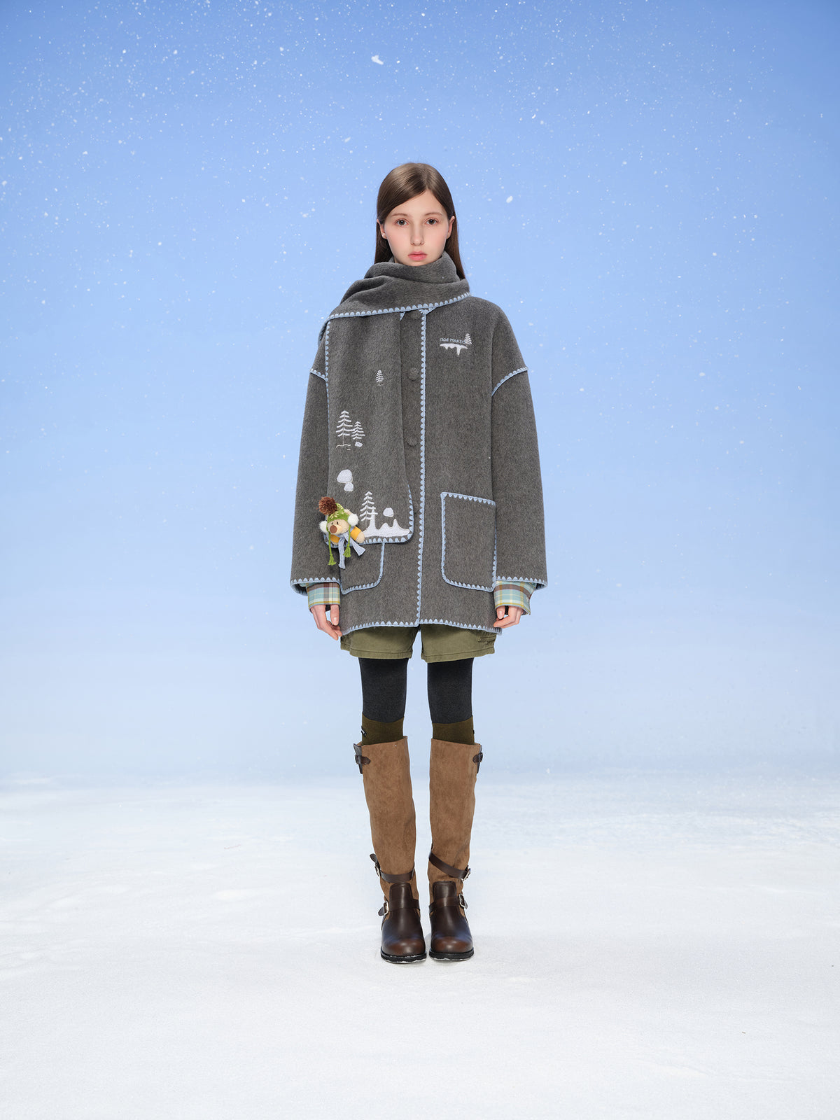 13DE MARZO Snow Bear Mid Length Scarf Coat Dark Grey