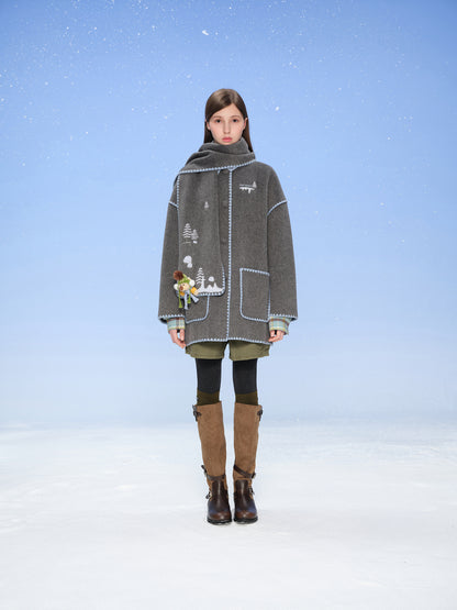 13DE MARZO Snow Bear Mid Length Scarf Coat Dark Grey