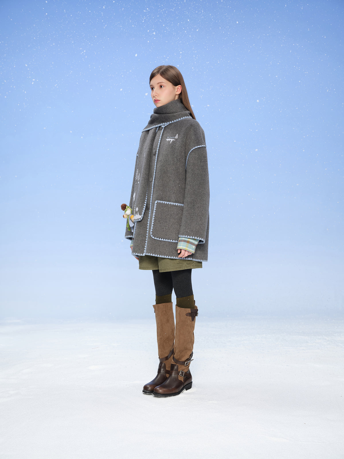 13DE MARZO Snow Bear Mid Length Scarf Coat Dark Grey