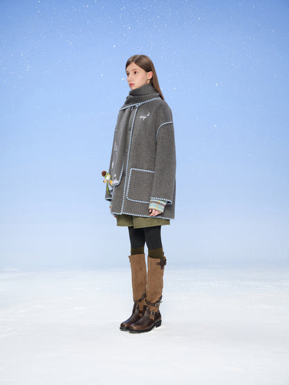 13DE MARZO Snow Bear Mid Length Scarf Coat Dark Grey