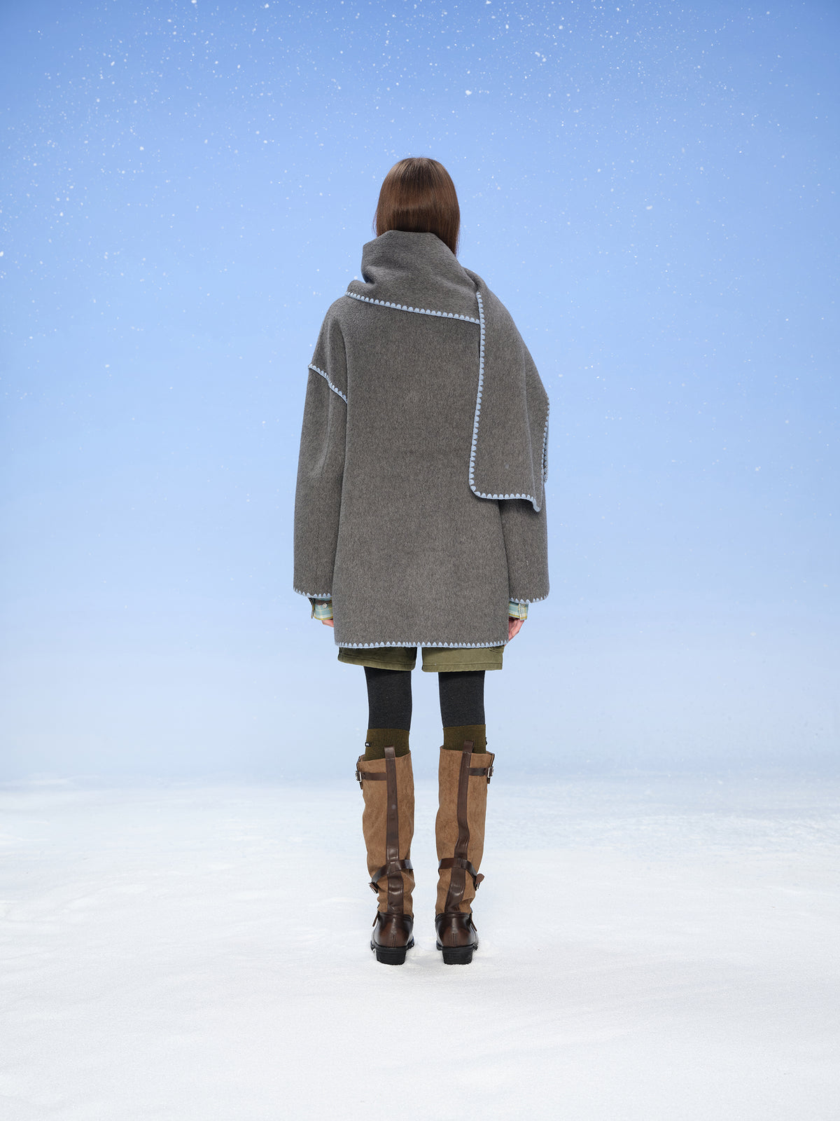 13DE MARZO Snow Bear Mid Length Scarf Coat Dark Grey