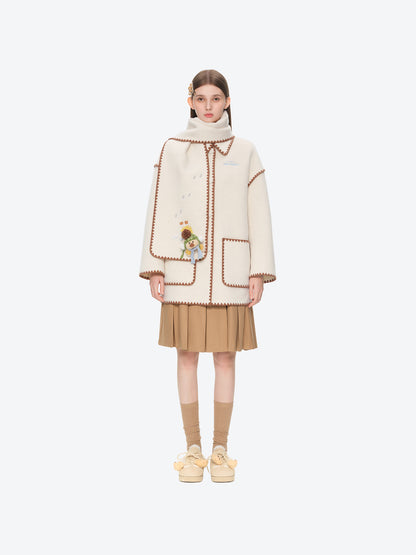 13DE MARZO Snow Bear Mid Length Scarf Coat White