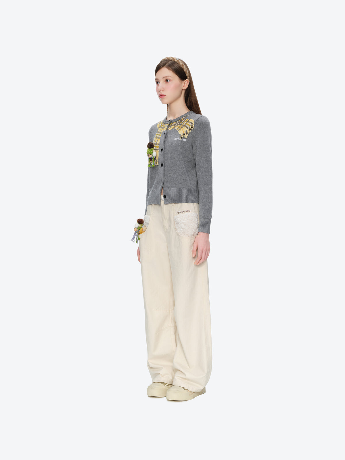 13DE MARZO Snow Bear Scarf  Knit Cardigan Grey