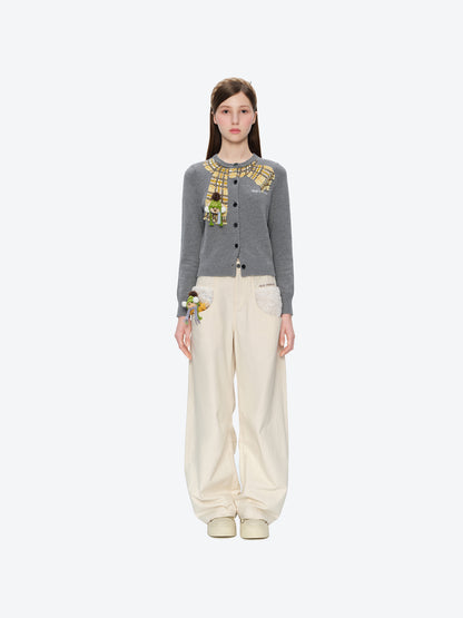 13DE MARZO Snow Bear Scarf  Knit Cardigan Grey