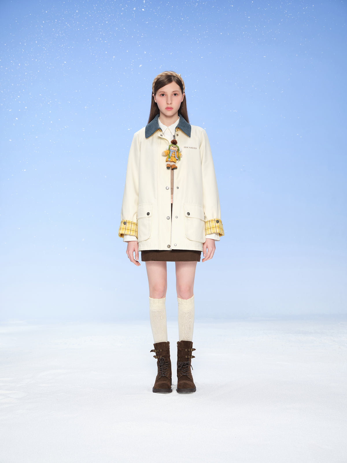 13DE MARZO Snow Bear Corduroy Mid Length Coat Beige