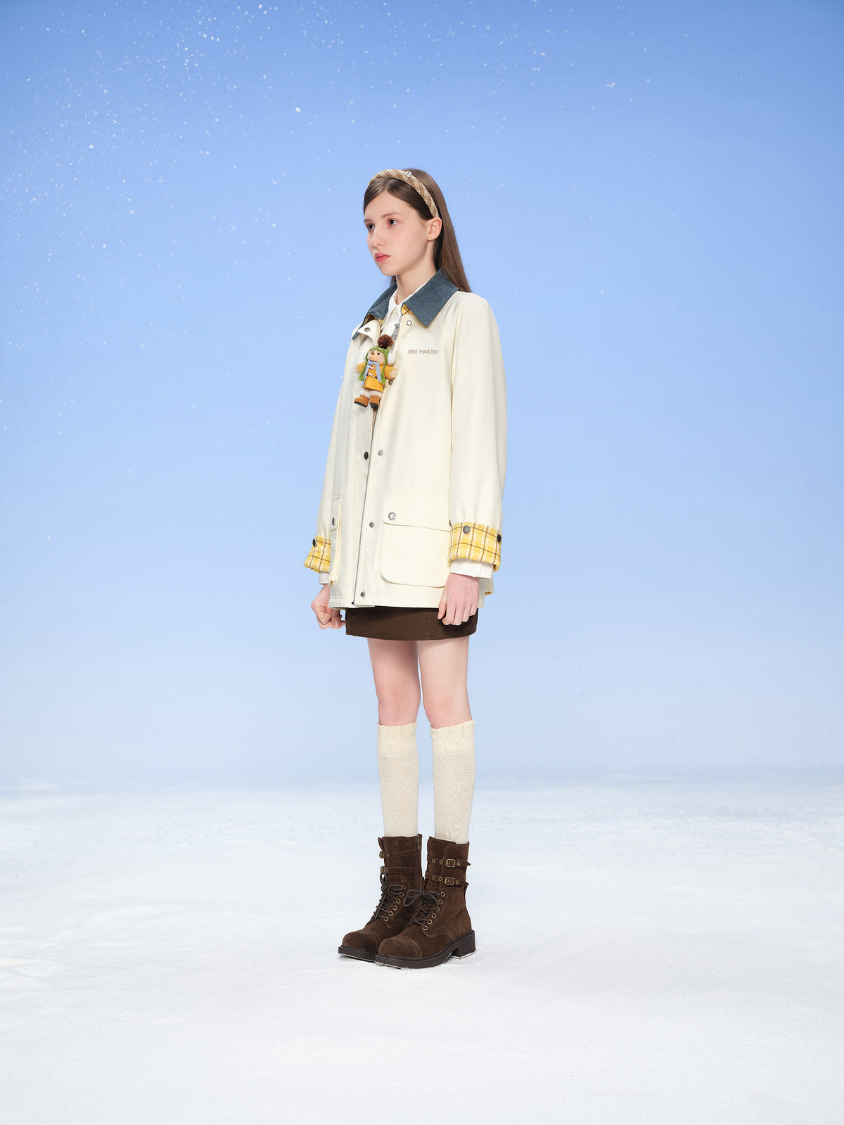 13DE MARZO Snow Bear Corduroy Mid Length Coat Beige