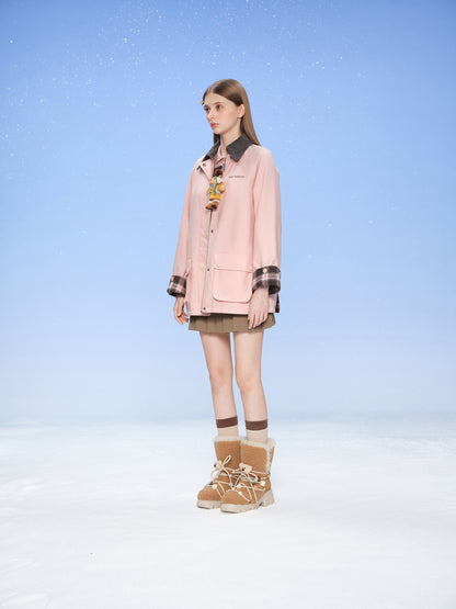 13DE MARZO Snow Bear Corduroy Mid Length Coat Pink