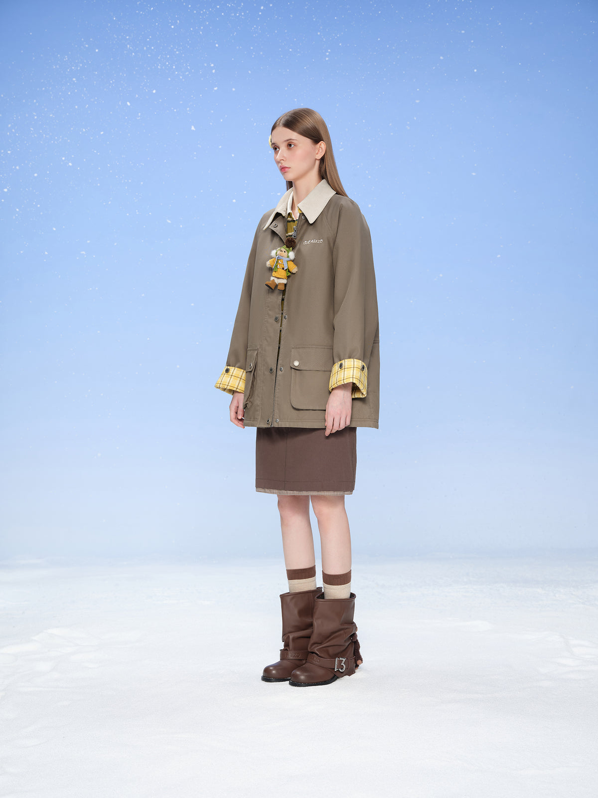 13DE MARZO Snow Bear Corduroy Mid Length Coat Green