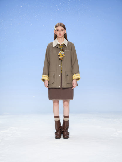 13DE MARZO Snow Bear Corduroy Mid Length Coat Green