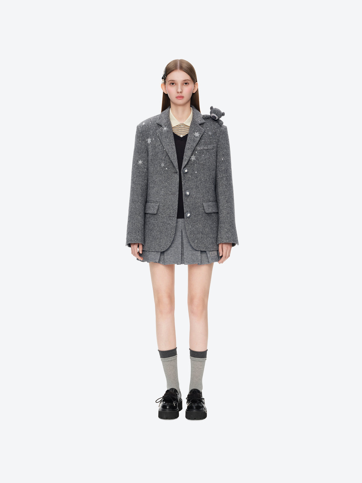 13DE MARZO Rhinestone Snowflake Embroidery Blazer Coat Grey - 13DE MARZO