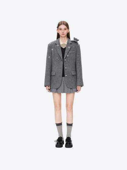 13DE MARZO Rhinestone Snowflake Embroidery Blazer Coat Grey - 13DE MARZO
