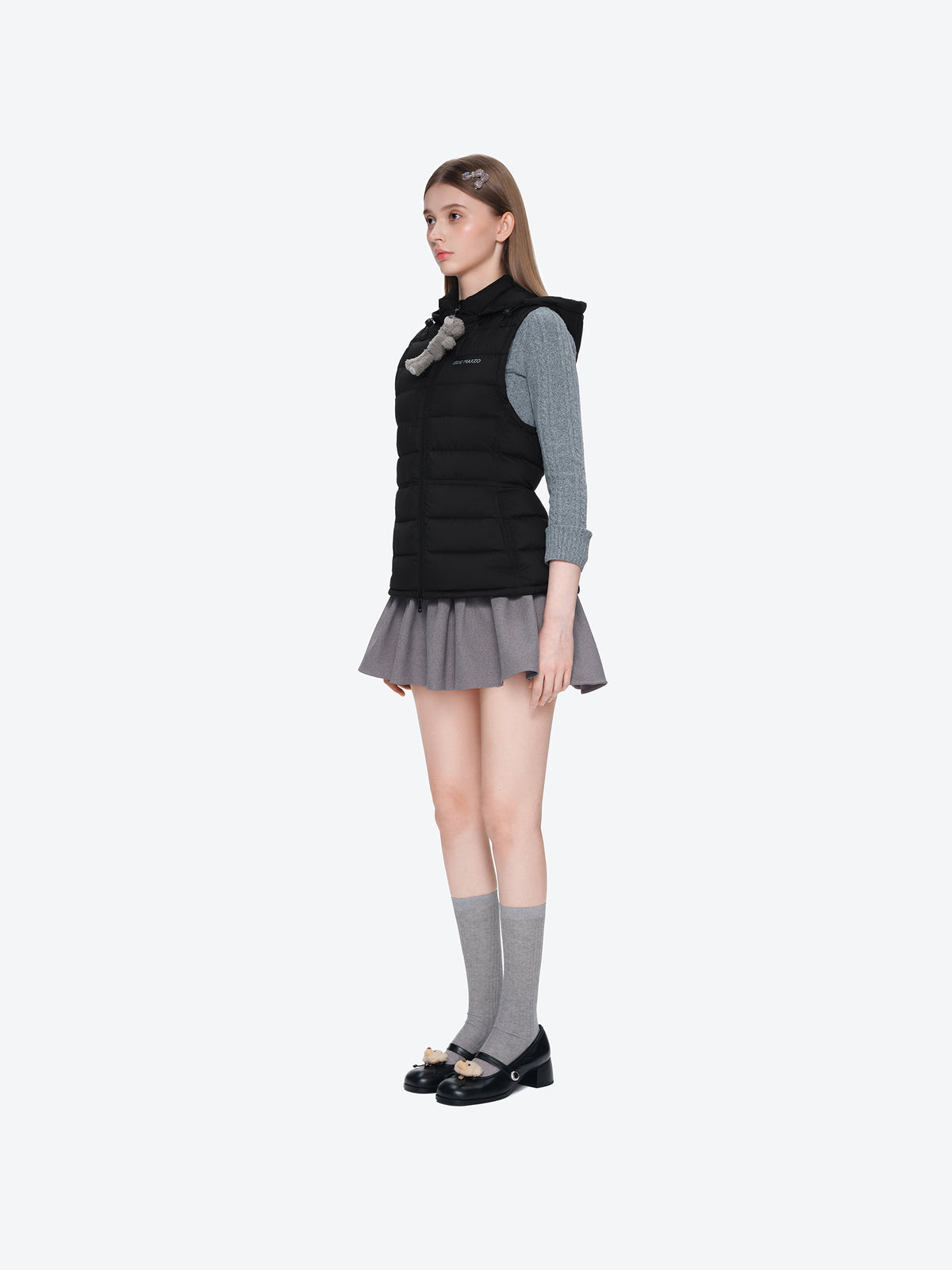 13DE MARZO Cinched Waist Quilted Down Vest Black