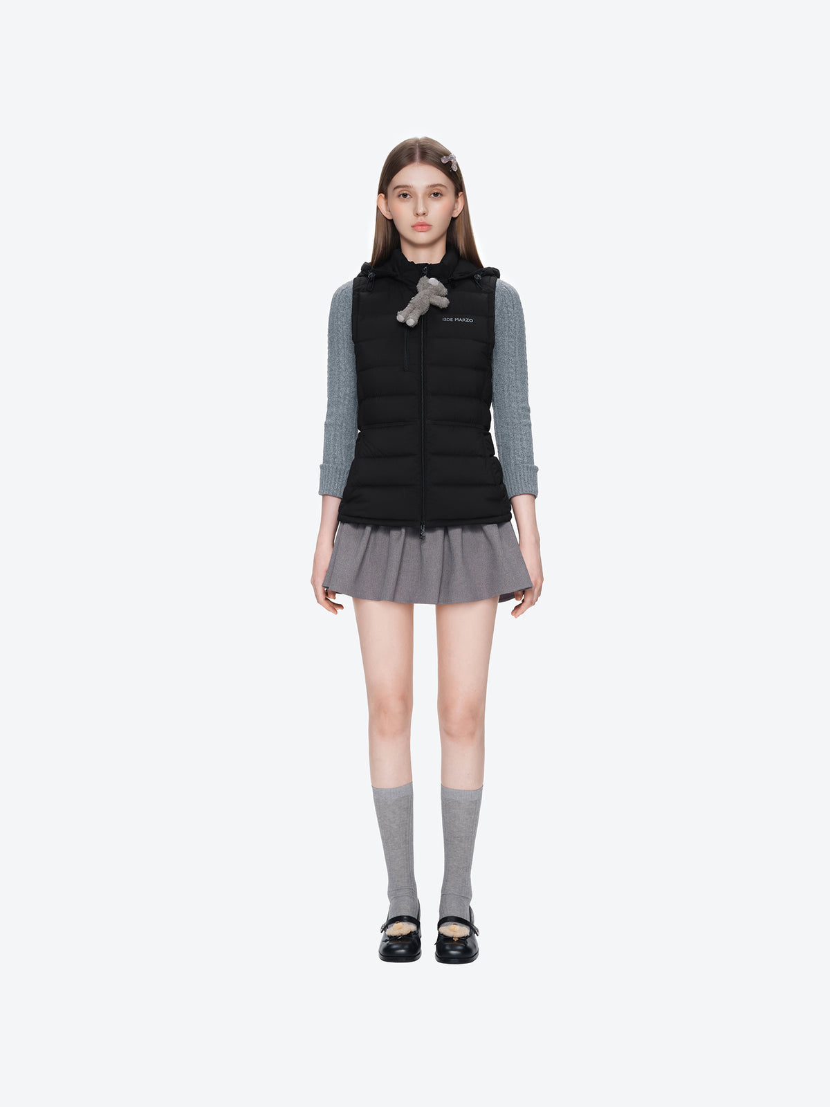 13DE MARZO Cinched Waist Quilted Down Vest Black