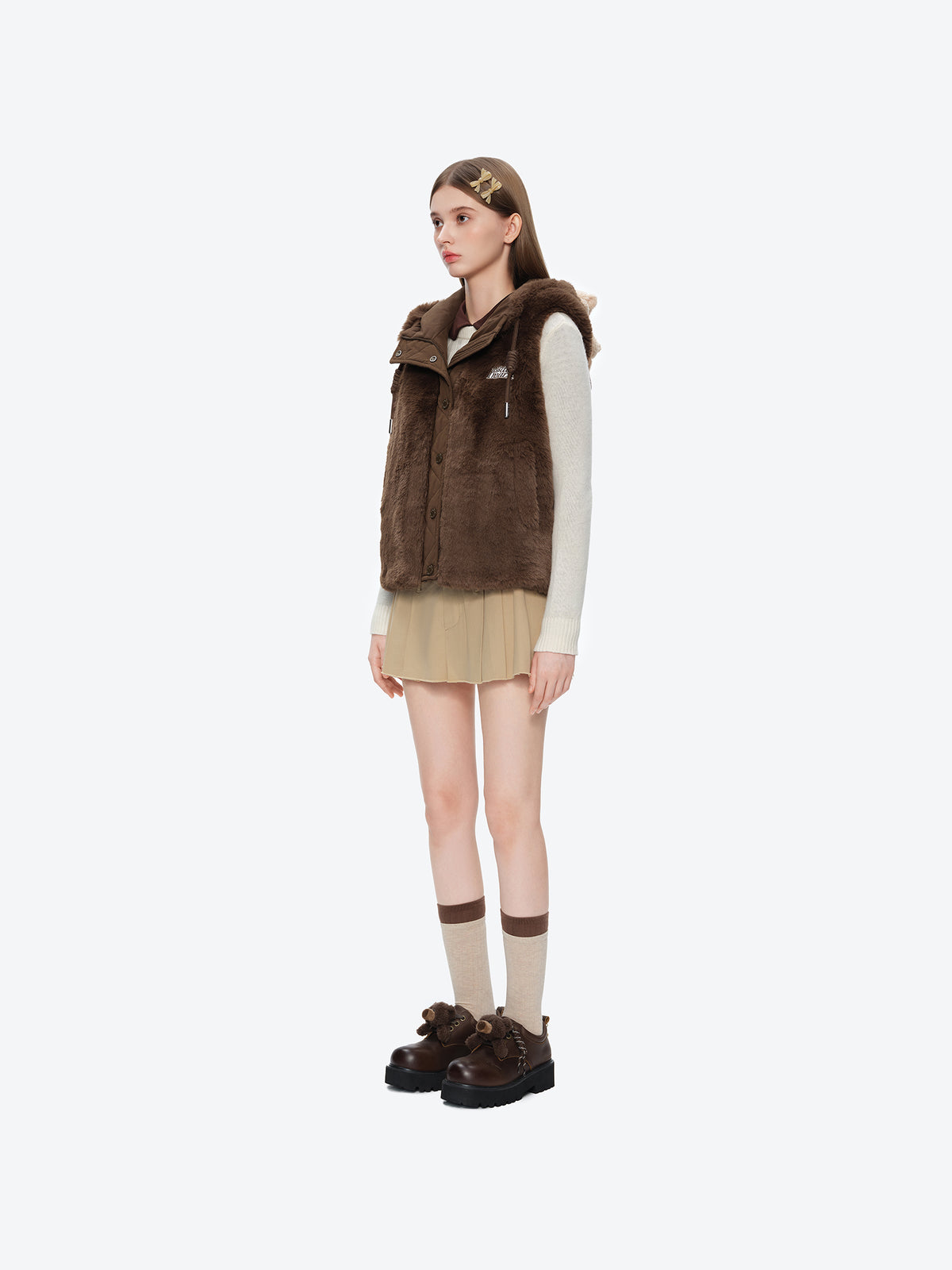13DE MARZO Patchwork Down Hooded Vest Brown