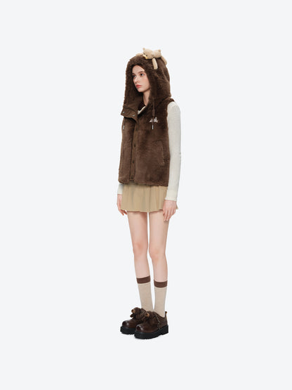 13DE MARZO Patchwork Down Hooded Vest Brown