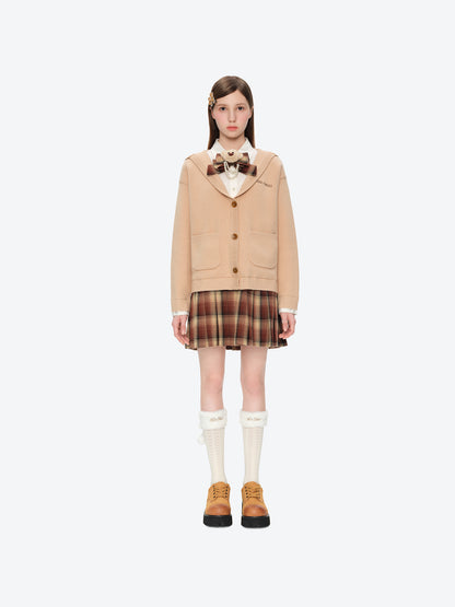 13DE MARZO Mock Three Piece Knit Pleated School Dress Khaki