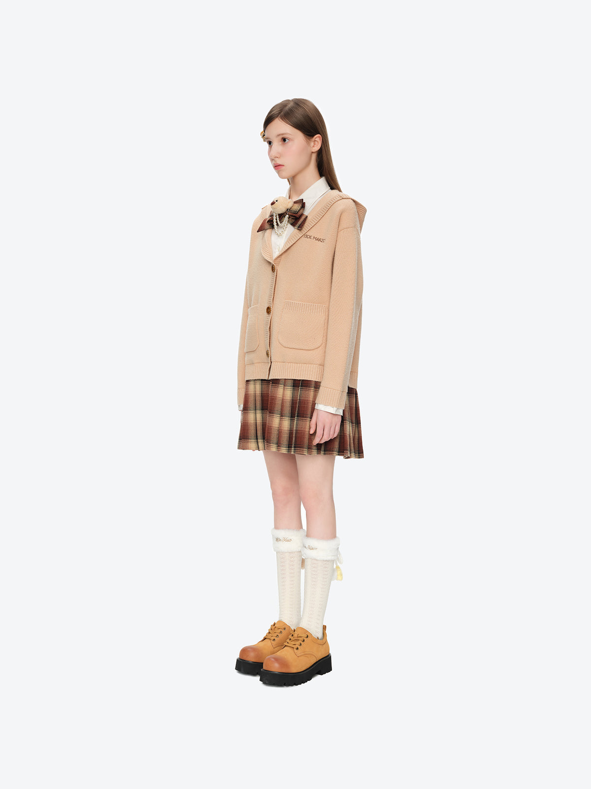 13DE MARZO Mock Three Piece Knit Pleated School Dress Khaki