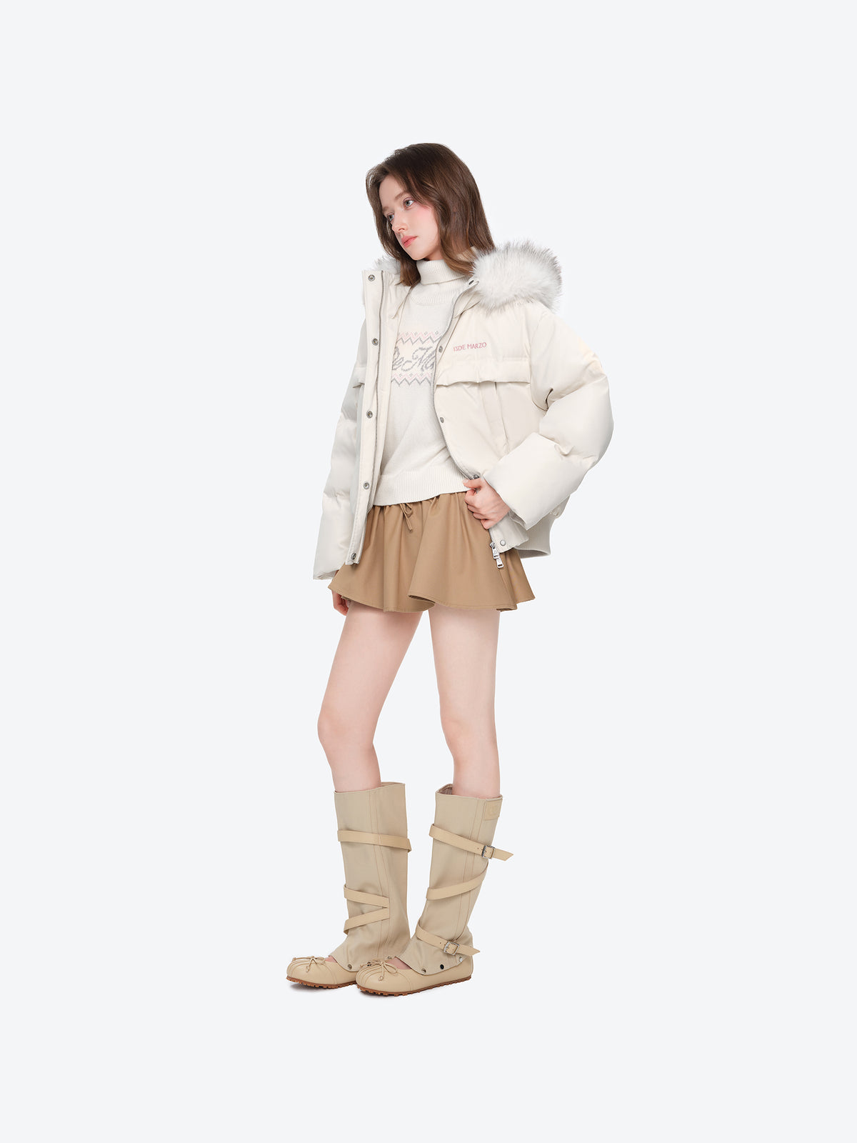 13DE MARZO Doozoo Fur Collar Parka Down Jacket Beige