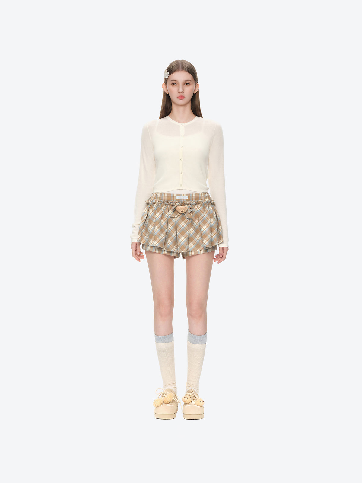 13DE MARZO Plaid Bow Tulle Skirt Khaki