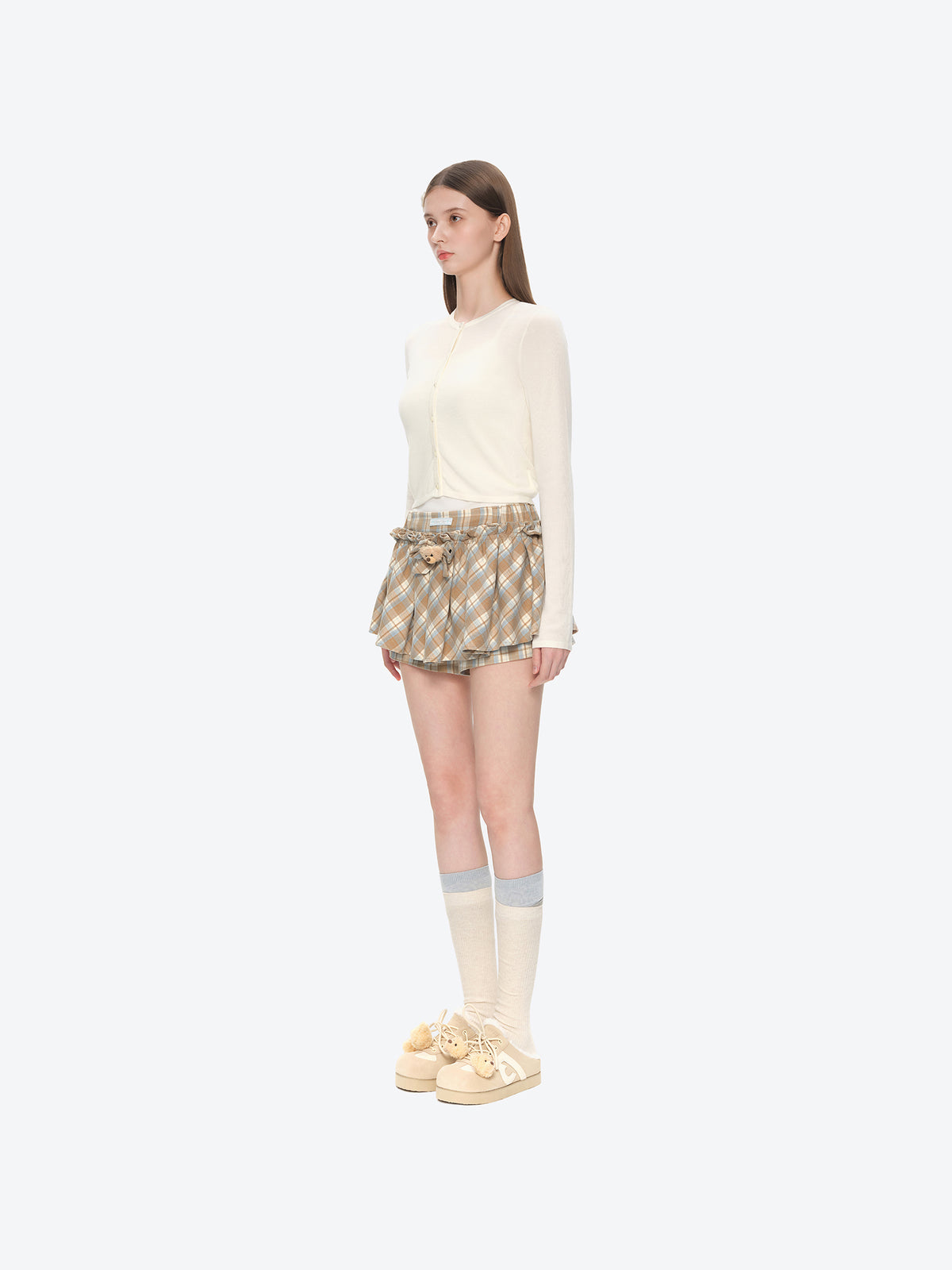 13DE MARZO Plaid Bow Tulle Skirt Khaki
