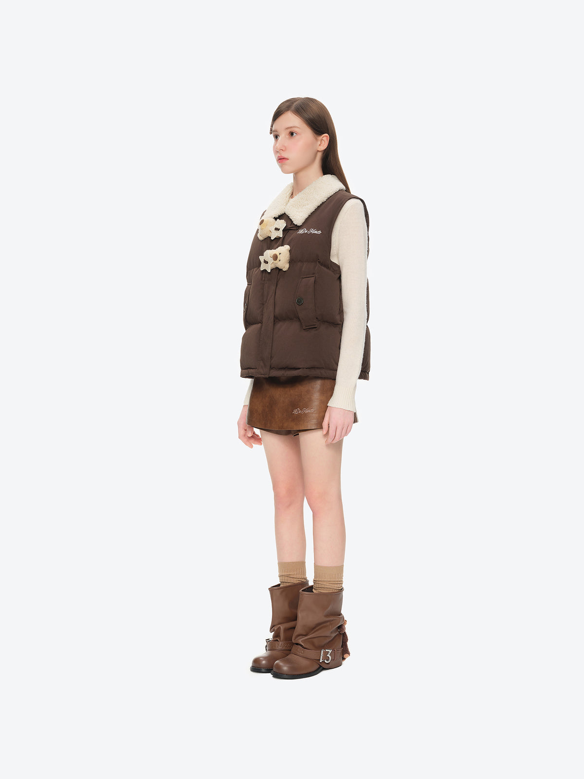 13DE MARZO Star Button Fur Collar Down Vest