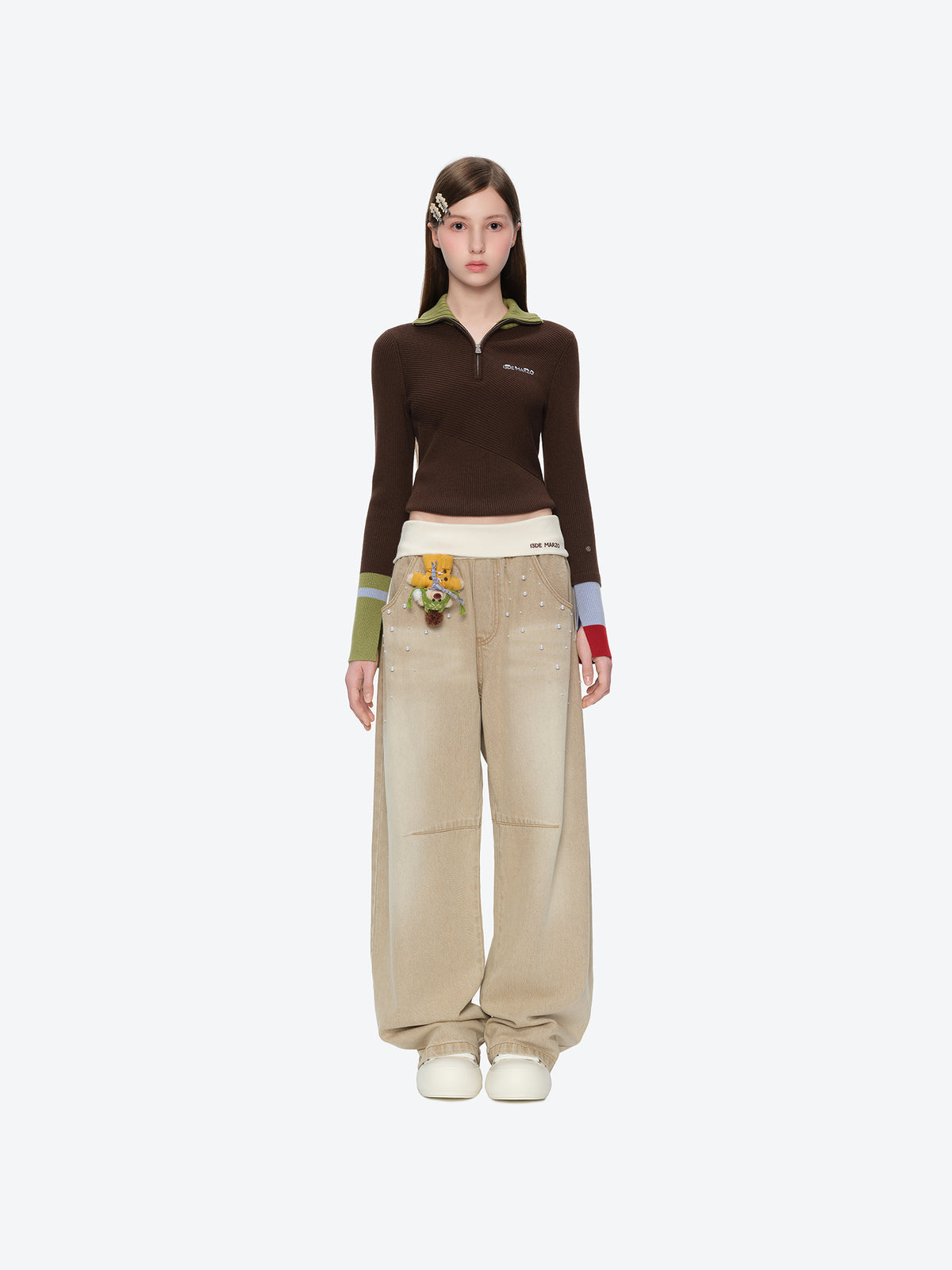 13DE MARZO Snow Bear Beaded Pants Khaki