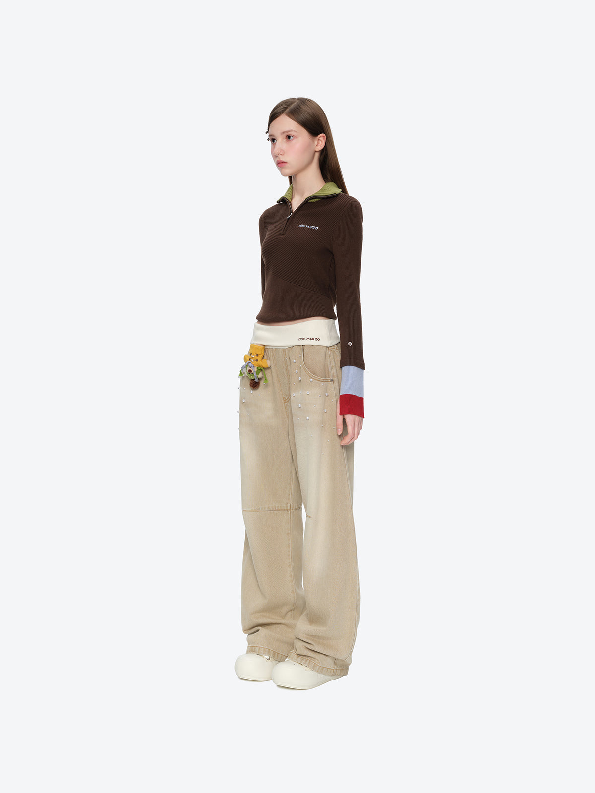 13DE MARZO Snow Bear Beaded Pants Khaki