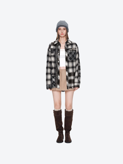 13DE MARZO Patchwork Plaid Distressed Shirt
