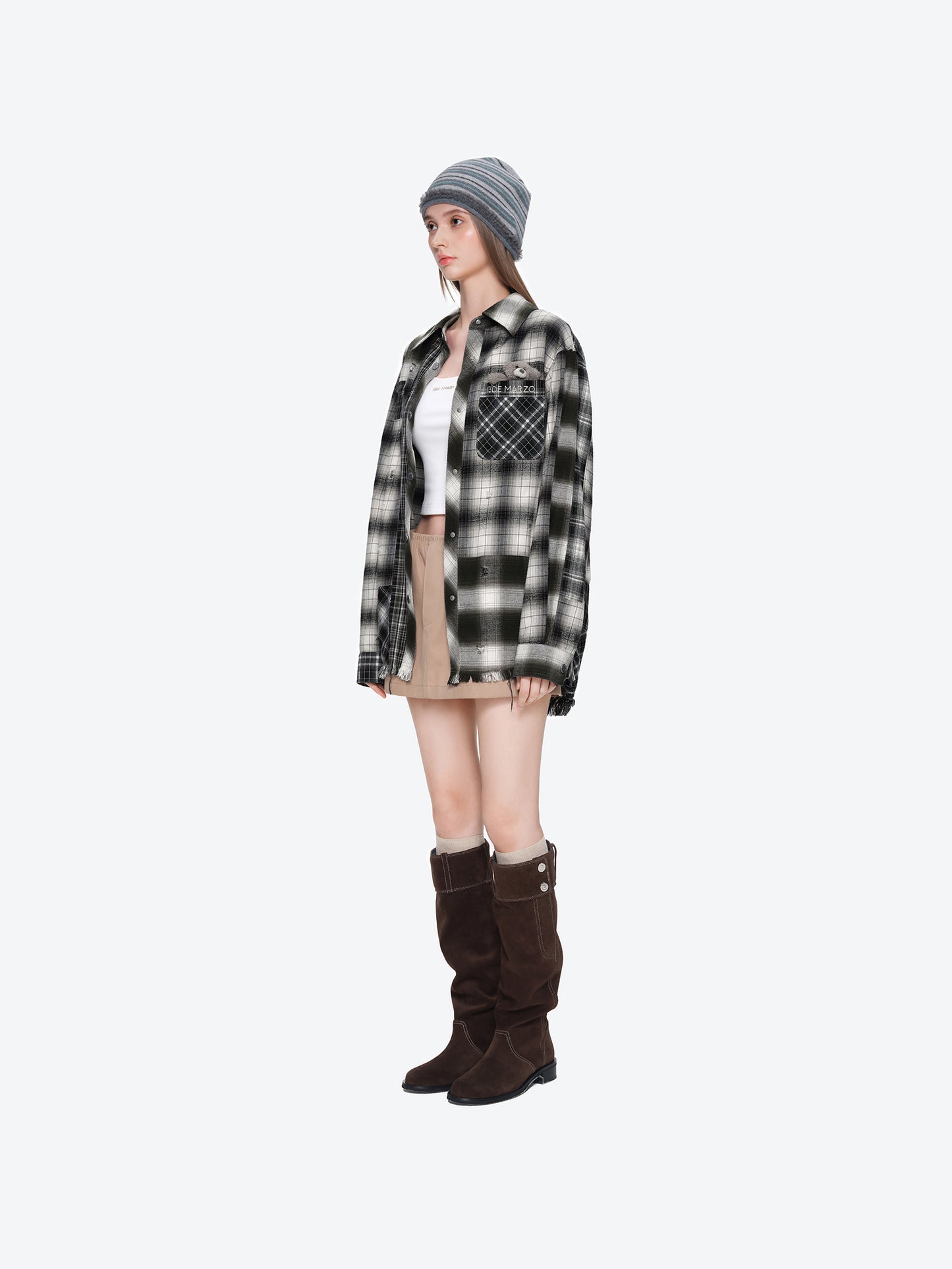 13DE MARZO Patchwork Plaid Distressed Shirt